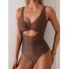 imageEomenie Womens One Piece Swimsuit Tummy Control Ruched Bathing Suit Cutout V Neck Swimwear High Cut Tie Back Swim SuitCoffe