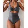 imageEomenie Womens One Piece Swimsuit Tummy Control Ruched Bathing Suit Cutout V Neck Swimwear High Cut Tie Back Swim SuitDeep Grey