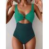 imageEomenie Womens One Piece Swimsuit Tummy Control Ruched Bathing Suit Cutout V Neck Swimwear High Cut Tie Back Swim SuitGreen Color Block
