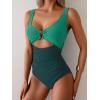 imageEomenie Womens One Piece Swimsuit Tummy Control Ruched Bathing Suit Cutout V Neck Swimwear High Cut Tie Back Swim SuitGreen Color Block