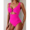 imageEomenie Womens One Piece Swimsuit Tummy Control Ruched Bathing Suit Cutout V Neck Swimwear High Cut Tie Back Swim SuitHot Pink