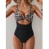 imageEomenie Womens One Piece Swimsuit Tummy Control Ruched Bathing Suit Cutout V Neck Swimwear High Cut Tie Back Swim SuitLeopard  Black