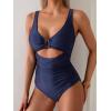 imageEomenie Womens One Piece Swimsuit Tummy Control Ruched Bathing Suit Cutout V Neck Swimwear High Cut Tie Back Swim SuitNavy Blue