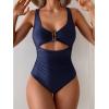 imageEomenie Womens One Piece Swimsuit Tummy Control Ruched Bathing Suit Cutout V Neck Swimwear High Cut Tie Back Swim SuitNavy Blue