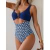 imageEomenie Womens One Piece Swimsuit Tummy Control Ruched Bathing Suit Cutout V Neck Swimwear High Cut Tie Back Swim SuitNavy Blue Flower 01