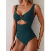 imageEomenie Womens One Piece Swimsuit Tummy Control Ruched Bathing Suit Cutout V Neck Swimwear High Cut Tie Back Swim SuitPeacock Green