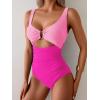 imageEomenie Womens One Piece Swimsuit Tummy Control Ruched Bathing Suit Cutout V Neck Swimwear High Cut Tie Back Swim SuitPink Color Block