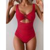 imageEomenie Womens One Piece Swimsuit Tummy Control Ruched Bathing Suit Cutout V Neck Swimwear High Cut Tie Back Swim SuitRed