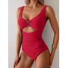 imageEomenie Womens One Piece Swimsuit Tummy Control Ruched Bathing Suit Cutout V Neck Swimwear High Cut Tie Back Swim SuitRed