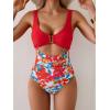 imageEomenie Womens One Piece Swimsuit Tummy Control Ruched Bathing Suit Cutout V Neck Swimwear High Cut Tie Back Swim SuitRed Flower