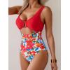 imageEomenie Womens One Piece Swimsuit Tummy Control Ruched Bathing Suit Cutout V Neck Swimwear High Cut Tie Back Swim SuitRed Flower