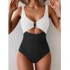 imageEomenie Womens One Piece Swimsuit Tummy Control Ruched Bathing Suit Cutout V Neck Swimwear High Cut Tie Back Swim SuitWhite  Black