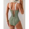 imageEomenie Womens Tummy Control One Piece Swimsuit Slimming Color Block Bathing Suit Lace Up Back SwimwearArmy Green  White