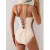 imageEomenie Womens Tummy Control One Piece Swimsuit Slimming Color Block Bathing Suit Lace Up Back SwimwearBeige  Brown