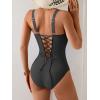 imageEomenie Womens Tummy Control One Piece Swimsuit Slimming Color Block Bathing Suit Lace Up Back SwimwearBlack