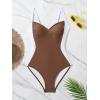 imageEomenie Womens Tummy Control One Piece Swimsuit Slimming Color Block Bathing Suit Lace Up Back SwimwearBrown