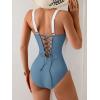 imageEomenie Womens Tummy Control One Piece Swimsuit Slimming Color Block Bathing Suit Lace Up Back SwimwearGrey Blue  White