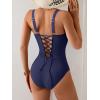 imageEomenie Womens Tummy Control One Piece Swimsuit Slimming Color Block Bathing Suit Lace Up Back SwimwearNavy Blue