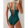 imageEomenie Womens Tummy Control One Piece Swimsuit Slimming Color Block Bathing Suit Lace Up Back SwimwearPeacock Green Color Block