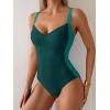 imageEomenie Womens Tummy Control One Piece Swimsuit Slimming Color Block Bathing Suit Lace Up Back SwimwearPeacock Green Color Block