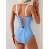 imageEomenie Womens Tummy Control One Piece Swimsuit Slimming Color Block Bathing Suit Lace Up Back SwimwearSky Blue White
