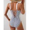 imageEomenie Womens Tummy Control One Piece Swimsuit Slimming Color Block Bathing Suit Lace Up Back SwimwearWhite Black Striped