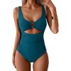 imageEomenie Womens One Piece Swimsuit Tummy Control Ruched Bathing Suit Cutout V Neck Swimwear High Cut Tie Back Swim SuitBlue