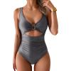 imageEomenie Womens One Piece Swimsuit Tummy Control Ruched Bathing Suit Cutout V Neck Swimwear High Cut Tie Back Swim SuitDeep Grey