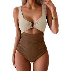 imageEomenie Womens One Piece Swimsuit Tummy Control Ruched Bathing Suit Cutout V Neck Swimwear High Cut Tie Back Swim SuitBeige Color Block