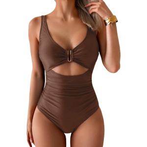 imageEomenie Womens One Piece Swimsuit Tummy Control Ruched Bathing Suit Cutout V Neck Swimwear High Cut Tie Back Swim SuitCoffe