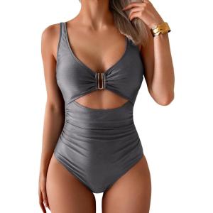imageEomenie Womens One Piece Swimsuit Tummy Control Ruched Bathing Suit Cutout V Neck Swimwear High Cut Tie Back Swim SuitDeep Grey