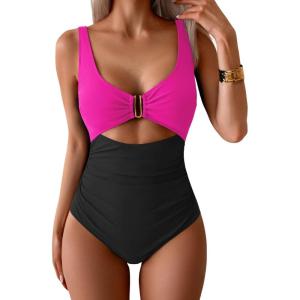 imageEomenie Womens One Piece Swimsuit Tummy Control Ruched Bathing Suit Cutout V Neck Swimwear High Cut Tie Back Swim SuitHot Pink  Black