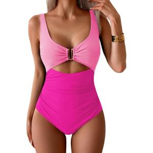 imageEomenie Womens One Piece Swimsuit Tummy Control Ruched Bathing Suit Cutout V Neck Swimwear High Cut Tie Back Swim SuitPink Color Block
