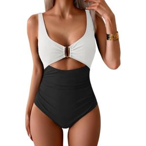 imageEomenie Womens One Piece Swimsuit Tummy Control Ruched Bathing Suit Cutout V Neck Swimwear High Cut Tie Back Swim SuitWhite  Black