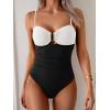 imageEomenie One Piece Swimsuit for Women Tummy Control Ruched Bathing Suit Cutout U Wire Swim SuitsBlack White Block