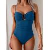 imageEomenie One Piece Swimsuit for Women Tummy Control Ruched Bathing Suit Cutout U Wire Swim SuitsPeacock Blue