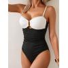 imageEomenie One Piece Swimsuit for Women Tummy Control Ruched Bathing Suit Cutout U Wire Swim SuitsRibbed  Black White
