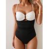 imageEomenie One Piece Swimsuit for Women Tummy Control Ruched Bathing Suit Cutout U Wire Swim SuitsRibbed  Black White