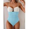 imageEomenie One Piece Swimsuit for Women Tummy Control Ruched Bathing Suit Cutout U Wire Swim SuitsWhite Blue