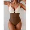 imageEomenie One Piece Swimsuit for Women Tummy Control Ruched Bathing Suit V Wire Neck Slimming Swim SuitsBeige Brown Block