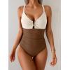 imageEomenie One Piece Swimsuit for Women Tummy Control Ruched Bathing Suit V Wire Neck Slimming Swim SuitsBeige Brown Block
