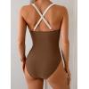 imageEomenie One Piece Swimsuit for Women Tummy Control Ruched Bathing Suit V Wire Neck Slimming Swim SuitsBeige Brown Block