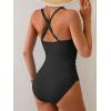 imageEomenie One Piece Swimsuit for Women Tummy Control Ruched Bathing Suit V Wire Neck Slimming Swim SuitsBlack Ribbed