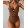 imageEomenie One Piece Swimsuit for Women Tummy Control Ruched Bathing Suit V Wire Neck Slimming Swim SuitsBrown