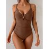 imageEomenie One Piece Swimsuit for Women Tummy Control Ruched Bathing Suit V Wire Neck Slimming Swim SuitsBrown