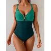 imageEomenie One Piece Swimsuit for Women Tummy Control Ruched Bathing Suit V Wire Neck Slimming Swim SuitsGreen Color Block