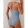imageEomenie One Piece Swimsuit for Women Tummy Control Ruched Bathing Suit V Wire Neck Slimming Swim SuitsGrey Blue Ribbed
