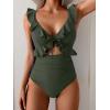 imageEomenie One Piece Swimsuit for Women Tummy Control Ruffle Bathing Suit V Neck Ruched Swim Suit Slimming Cutout SwimwearArmy Green