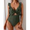 imageEomenie One Piece Swimsuit for Women Tummy Control Ruffle Bathing Suit V Neck Ruched Swim Suit Slimming Cutout SwimwearArmy Green