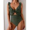 imageEomenie One Piece Swimsuit for Women Tummy Control Ruffle Bathing Suit V Neck Ruched Swim Suit Slimming Cutout SwimwearArmy Green
